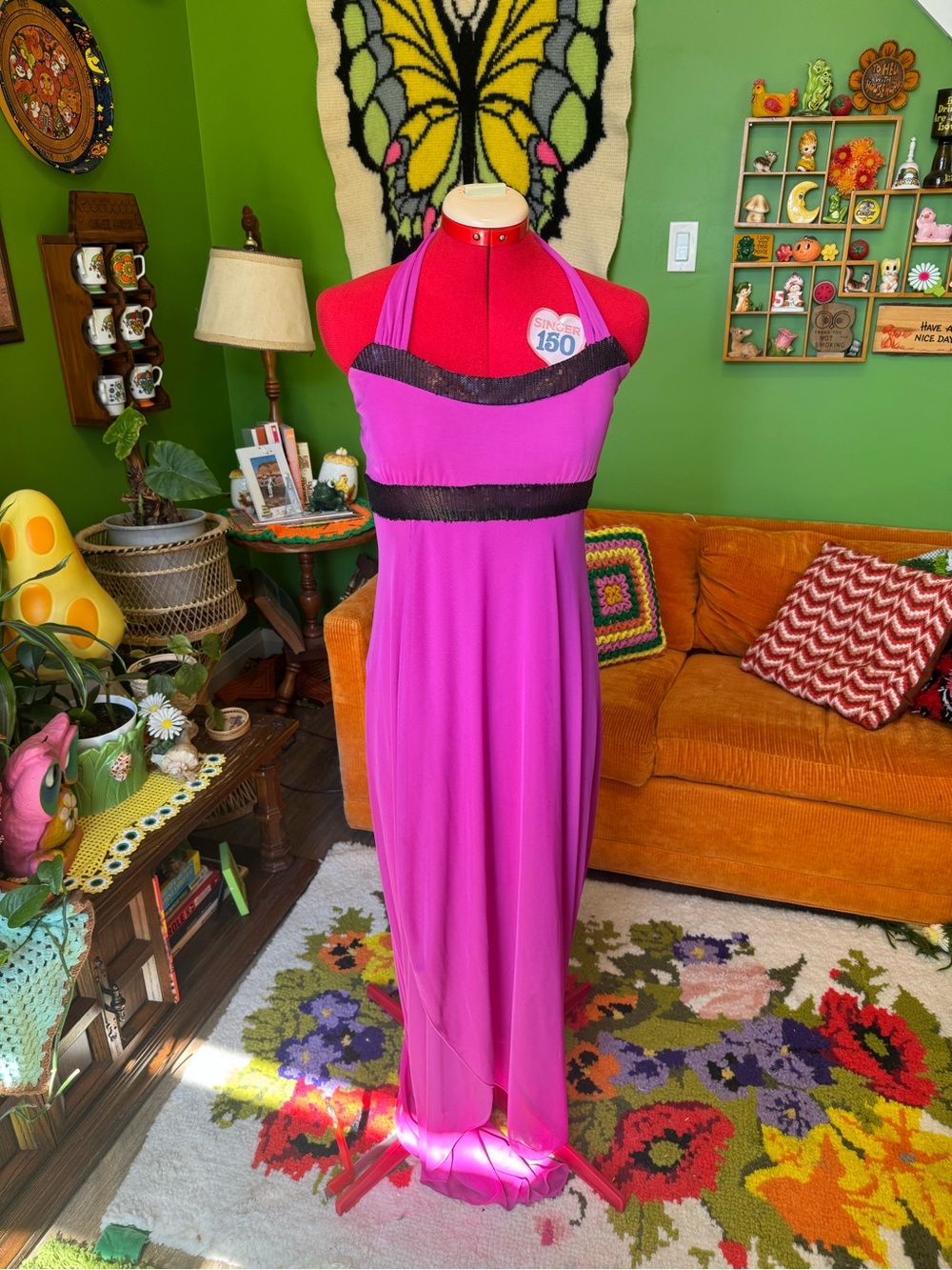 Pink Halter Maxi Dress with Black Trim
